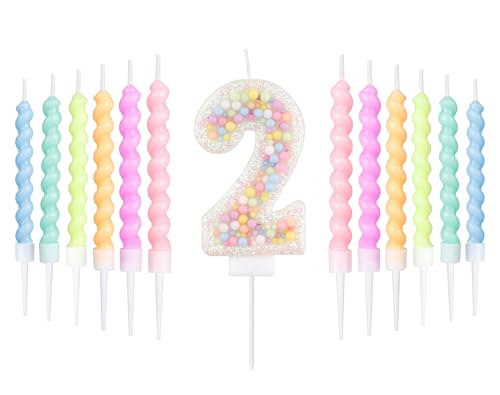 Conjunto de velas de 2 anos aniversário de macaron branco, decoração 2nd de aniversário para meninos e meninas, número 2 vela para bolo, vela arco-íris para decoração de festa de menina rapaz