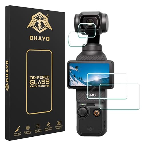 Image of OHAYO Military Strength Tempered Glass Screen Protector For Osmo Pocket 3| 9H+ Hardness, Strong Protection, Full Screen Edge-to-Edge Cover, Scratch Resistant, Bubble-Free Install, Ultra HD Clarity,With installation kit, 2 Sets (2 Glass for Screen, 2 Glass for Lens)