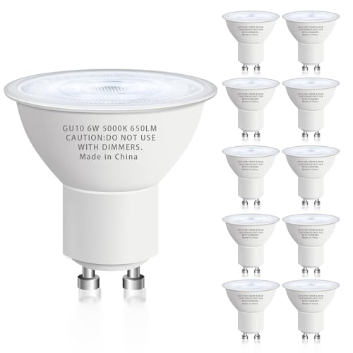GU10 Led Bulb 6W Equivalent 50W, MR16 Led Bulb 5000K Daylight White Led Bulbs, 650 Lumens, Non-Dimmable, GU10 Base, 2 Prong Track Energy Saving Light Bulbs for Kitchen, Living Room, Bedroom, 10 Pack