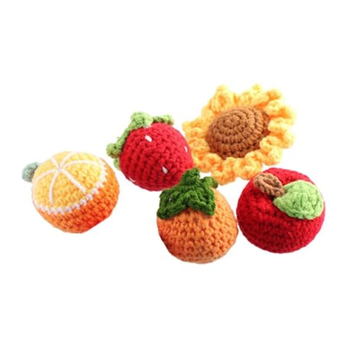 Kopida Cute Crochet Fruits, Handmade Knitted Strawberry Persimmon Sunflower Ornament Simulation Fruit Doll for Home Party Decoration, Pack of 5