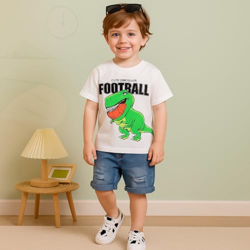 Image of Bold N Elegant Kids Dinosaur Football Cotton Half Sleeve T-Shirt with Denim Shorts Set for Infant Toddler Baby Boys Girls