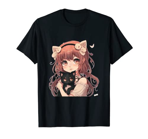 Anime Girl With Cat Kawaii Cat Lover Otaku Camiseta