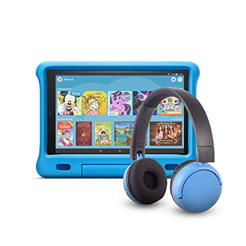 Fire HD 10 Kids Edition-Tablet (32 GB, blaue kindgerechte Hülle) mit PopTime-Bluetooth-Headset (Altersklasse: 8-15 Jahre)
