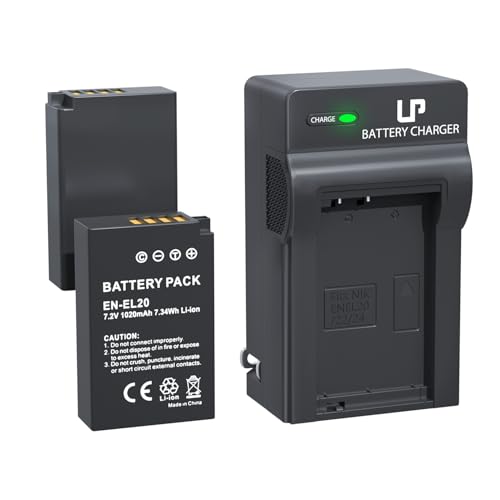 LP EN-EL20 EN-EL20a Battery and Charger, 2-Pack 1020mAh Batteries for Nikon Coolpix P1000, P950, DL24-500, Coolpix A, 1 AW1, 1 J1, 1 J2, 1 J3, 1 S1, 1 V3 Digital Camera