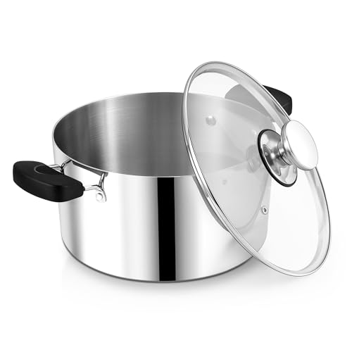 8 Quart 3-Ply Cooking Stock Pot with Lid, P&P CHEF Stainless Steel Large Pot for Pasta Soup, Work on Multi Stove, Heavy Duty & Dishwasher Safe, Dual Heat-resistant Handles & Transparent Glass Lid