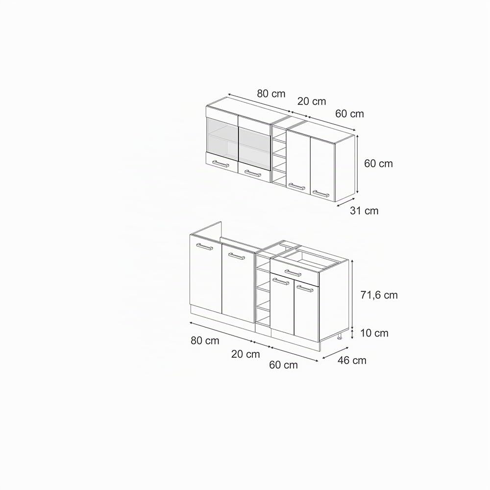Vicco Cucina monoblocco R-Line, Rovere blu-grigio/oro, 160 cm Senza piano di lavoro, adatto per combinazioni ed espansioni personalizzate