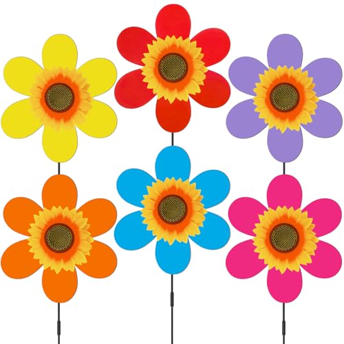 MuuXii Windmill, 6PCS Sunflower Garden Wheel Spinner, 14.3inch Colorful Pin Wheel, 6 Solid Color Plastic Windmill Wheel, Large Sized Whirligigs, Outdoor Courtyard, Lawn, Decoration Wind Spinner