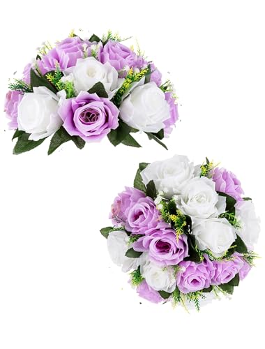 BLOSMON Fleur Mariage Artificielle Decoration Roses 2 PièCes Violet Clair et Blanche Boule de Fleurs Artificielles pour Deco Centre Chemin Table DéCoration...