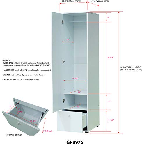 Kings Brand Furniture - Corry Narrow Wardrobe Armoire Storage Closet, White - Thumbnail 2