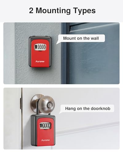 Image of Puroma Large Key Lock Box With Resettable Combination Code, Portable Wall Mount Waterproof Security Safe for Outside Home Office Door Handle House Key, Red (1 Pack)