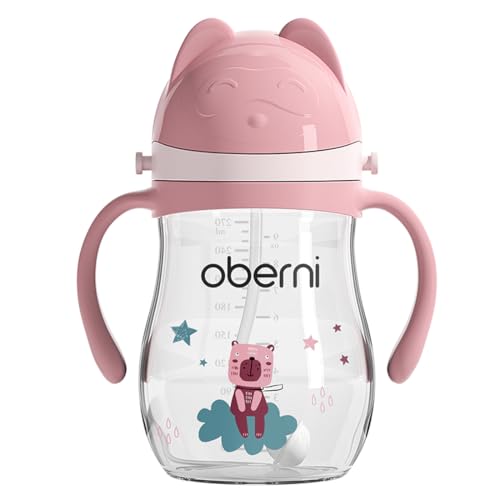 Oberni Baby Sippy Cup with Handle & Strap, Non-Spill Water Bottle for 6 12 Months + Toddlers, BPA-Free | Tritan | Dishwasher Safe | Leak Proof Valved Spout | 270ml 9oz | Pink (1 Pack)