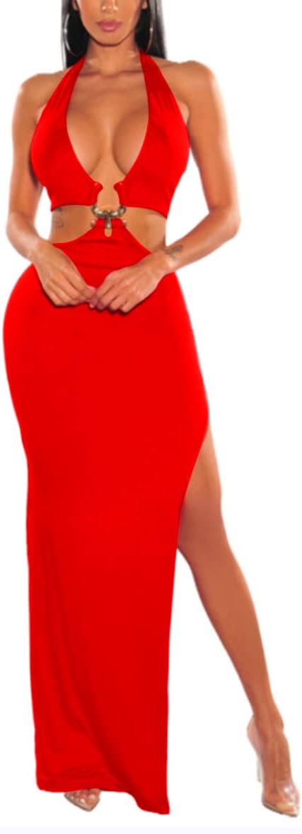 LuFeng Women's Sexy Sleeveless Halter V Neck Side Waist Cutout Backless Bodycon High Slit Maxi Long Dress