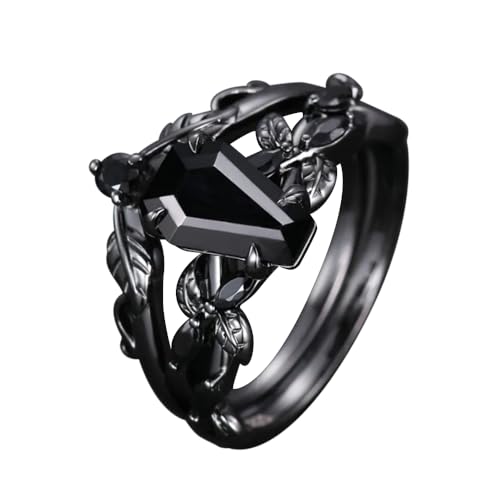 Customized Natural Black Onyx Engagement Ring Set for Women, 925 Silver/10K 14K 18K Gold Vintage Art Deco Leaf Bridal Wedding Ring Set Black Gold Gemstone Rings Jewelry Gifts for Her4