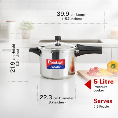 Image of Prestige 5 Litre Stainless Steel Popular Outerlid Pressure Cooker |Gas & Induction Compatible|3 layers sandwich bottom|Controlled Gasket Release System|5 Years warranty|ISI Certified