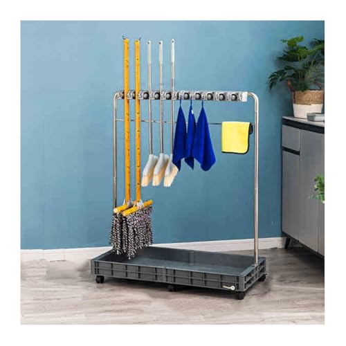 Support à balais et serpillères, Organiseur de Produits de Nettoyage, Chariot de Nettoyage à roulettes, Station de Rangement pour Outils de ménage avec Fentes et Croche,125x105x48cm