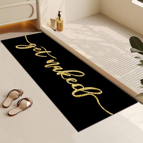 MUGINYU Black and Gold Long Bathroom Rug,Get Naked Bath Mat Quick Dry Absorbent Non-Slip with Rubber Backing,Diatomite Stone Runner Rug for Floor Shower Rugs Thin Fit Under Doorr