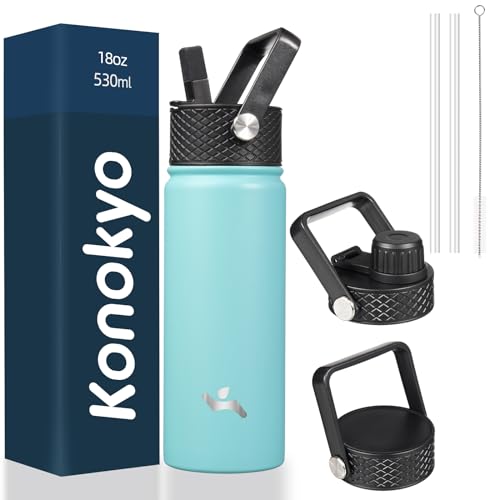 Konokyo Insulated Water Bottle with Straw,18oz 3 Lids Metal Bottles Stainless Steel Water Flask,Turquoise