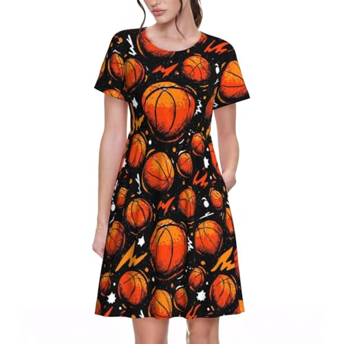 Fuzquwu Cartoon Basketballs Pattern Women's Short Sleeve