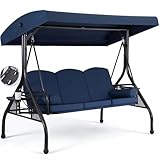 WINVO 3-Seat Outdoor Porch Swing with Adjustable Canopy, 2 in 1 Convertible Patio Swing Bed, Patio Glider Swing for Adult, with Cup Holder and Pillow for Backyard, Blue