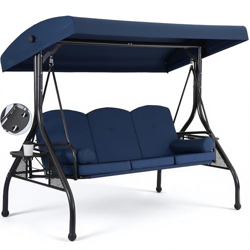 WINVO 3-Seat Outdoor Porch Swing with Adjustable Canopy, 2 in 1 Convertible Patio Swing Bed, Patio Glider Swing for Adult, with Cup Holder and Pillow for Backyard, Blue