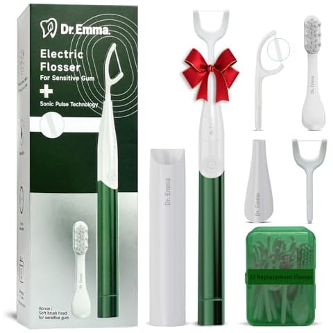 Dr. Emma Electric Vibration Flosser for Sensitive Gum, Power Flosser for Adults, Gentle Gum Stimulator & Teeth Cleaner, Reusable Tape Dental Floss with Toothbrush, Water Flosser Alternative, Green Cover