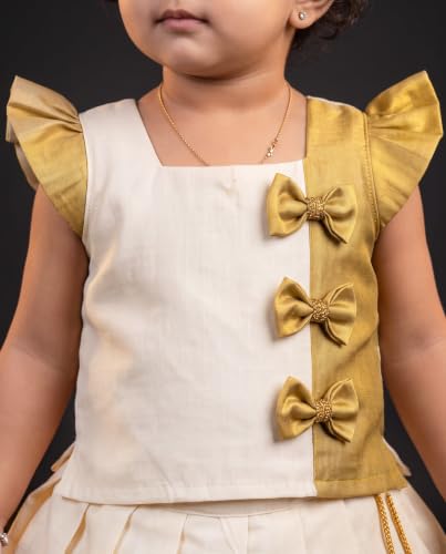 Image of Stanwells Kids Baby Girl Dress Cream Gold Pattu Pavadai Cotton Silk Lehenga Choli Kerala Kasavu South Indian Onam Festival Traditional Ethnic Wear