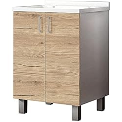 Mueble Fregadero Lavadora MaMa Store Mobile Lavatoio-Lavapanni ATENALAV-Mueble lavadero metacrilato con Eje de Madera y escurridor de Aluminio, 60 x 50 x 86 cm, Blanco Mate/Roble Natural, L.60 x P.50 X H. 86 CM