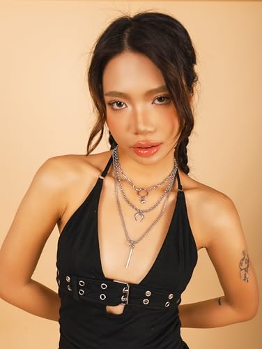 Sacina Layered Silver-tone Crescent Moon Star Bar Choker Necklace, Gothic Punk Grunge Emo Necklace, Goth Jewelry, Christmas Jewelry Gift for Women4