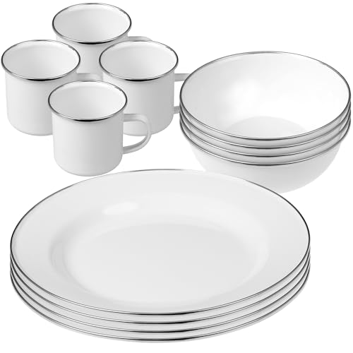 GRÄWE Emaille Camping Geschirr Set für 4 Personen, weiß, Teller,...