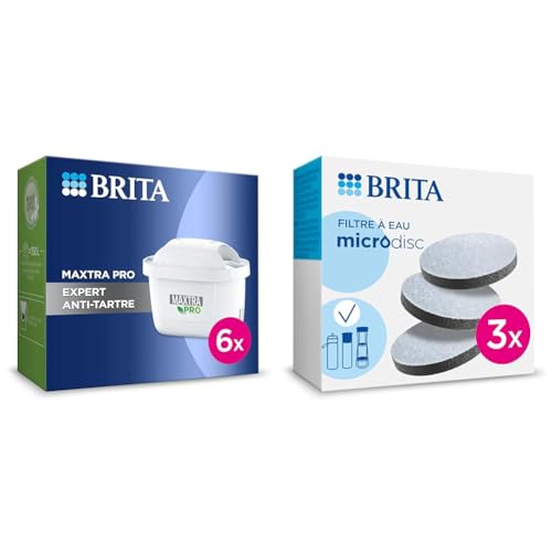 BRITA Cartouche Filtre Eau Robinet MAXTRA PRO Expert anti-tartre - Pack de 6 pour recharge carafe & Pack de 3 filtres Microdisc, pour bouteilles et gourdes filtrantes, réduit le chlore