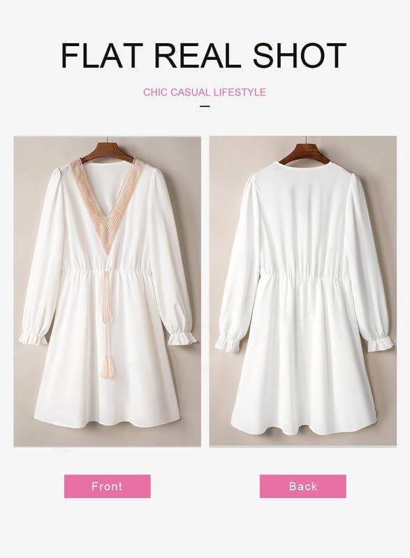 Dokotoo Womens V Neck Dresses Lantern Long Sleeve Lace Trim Midi Dress Tassel Belt Shirt Dress - Image 4