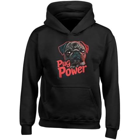 Shopagift Funny Pug Power Kids Hoodie Puppy Dog Hoody Hooded Top Boys Girls Black Cover