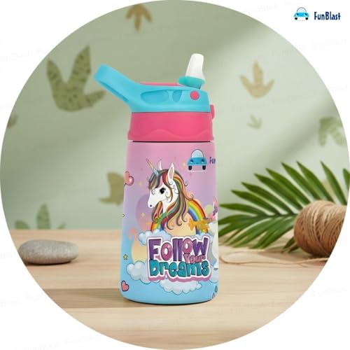 Image of FunBlast Unicorn Water Bottle for Kids - Cute Water Bottle with Straw, Insulated Stainless Steel Bottle, Leak-Proof Sipper Bottle for Kids (300 ML)