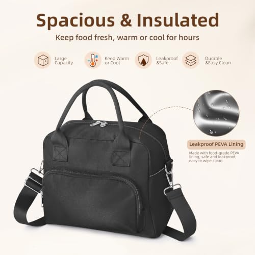 Image of LOVELYWIND Large Insulated Lunch Bag For Women, Black Lunch Box 12L | Large Shoulder Strap Lunch Tote With Insulated Lining; Stylish Look For Work, School, Picnic, And Organized Meals.