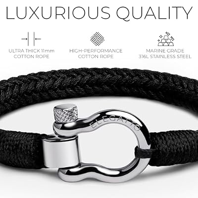 Elegatto Orion Premium Rope Bracelet for Men | Natural Cotton Finish and Sterling Silver Polished Stainless Steel Horseshoe Shackle Closure | Mens Designer Bracelets