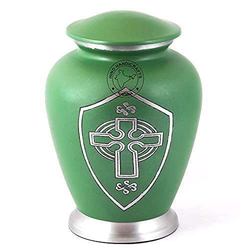 Silver Engraved Aluminium Cremation Urn for Human Ashes Adult - Handcrafted Funeral Memorial Ash Storage Urn - Bag Included (7'' x 7'' x 10''- 200 lbs or 91 kg, Celtic Shield)