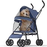 OS MOTOR Pet Stroller with 4 Wheels for Small/Medium Pets, Portable Travel Foldable Carrier Jogger for Dog Cat Puppy Kitty, Rear Wheel Breaks, Storage Basket, Visible Mesh Weather Cover (Navy Blue)