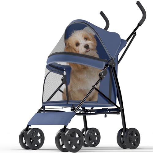 OS MOTOR Pet Stroller with 4 Wheels for Small/Medium Pets, Portable Travel Foldable Carrier Jogger for Dog Cat Puppy Kitty, Rear Wheel Breaks, Storage Basket, Visible Mesh Weather Cover (Navy Blue)