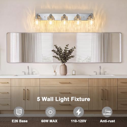 Image of 5-Light Bathroom Light Fixtures Modern Chrome Vanity Lights | Easy to Install Clear Hammered Glass Shades, Rippled Glow, Wall Mount Up or Down, E26 Socket, Hardwired, 120V