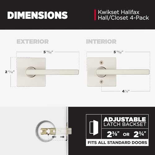 Image of Kwikset Halifax Interior Square Passage Door Handle, Lever for Closet and Hallway Doors, Reversible Non-Locking Handle Lever, Satin Nickel 4 Pack