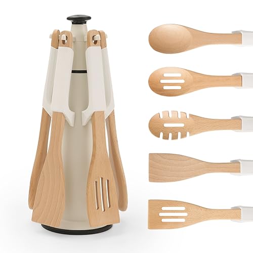 Chef’s Path Wooden Cooking Utensils Set – 5-Piece Beech Wood Kitchen Utensils Set with Silicone Spoon Rest