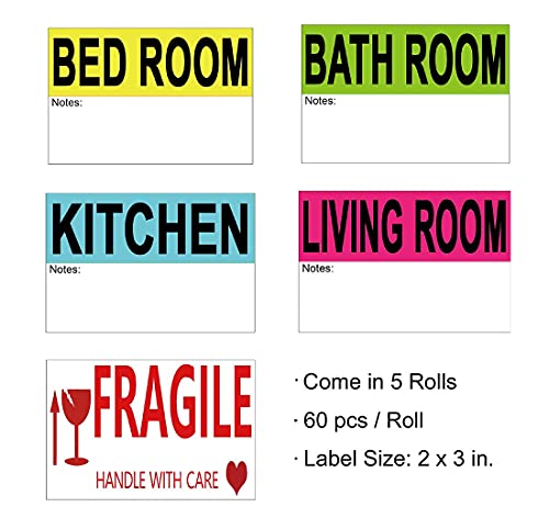 300 Count 3 x 2 Inch Home Moving Labels for 1 Bedroom House Apartment, 5 Large Color Coded Label Sticker Rolls with Fragile Label for Moving Wardrobe Boxes Moving Packing Supplies