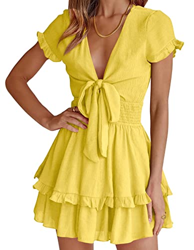 PRETTYGARDEN Women Summer Mini Short Dress 2025 Short Sleeve Casual Beach Vacation Sundress V Neck Tiered Sun Dresses