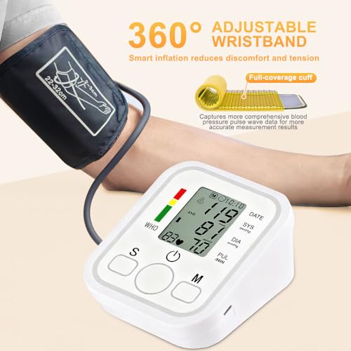 Tensiómetro de Brazo, Medición Precisa de la Presión Arterial y el Pulso, Detección de Arritmias, Pantalla Digital, Indicaciones de Voz(Inglés), Brazalete Ajustable (22-45 cm), 2 x 99 Memorias - imagen 5