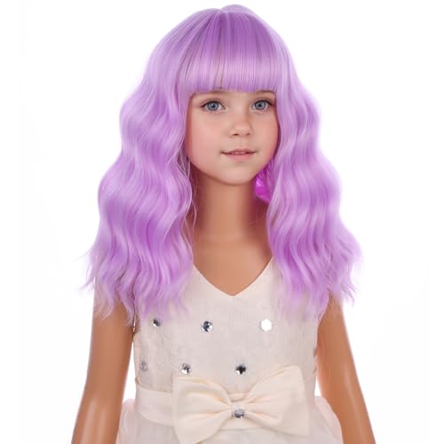 Image of PATTNIUM Kids Lavender Purple Wig Girls Purple Bob Wig with Bangs Short Colored Curly Wavy Synthetic Wigs for Children