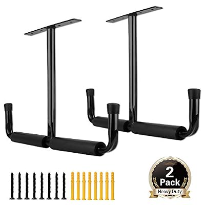 2 Set Overhead Garage Storage Rack Hooks, Heavy Duty Ceiling Double Hooks Hanger for Hanging Ladder Hose Pipe Lumber & Other Bulky Items (Pack of 2 - Black)