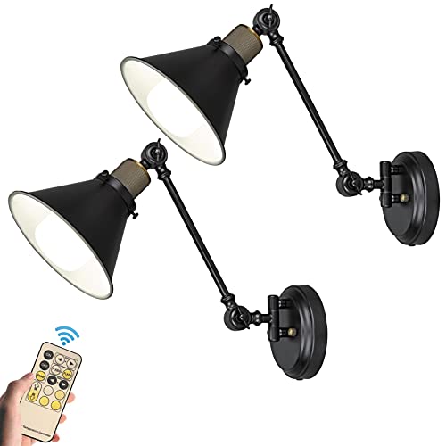 jengush Wall Light Battery Operated Run Wall Sconce Set of 2,No Wires Install with Remote Control Dimmable Lighting 200 LM Not Hardwired Wall Lamp Fixture-Easy to Install-for Farmhouse Indoor Bedroom