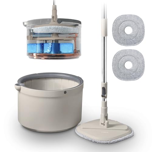 Tower Duo Compact Spin Mop & Bucket, Clean & Dirty Water Separation, Effortless 360° Wringing, 2 Reusable Microfibre Mop Pads, Latte & Grey