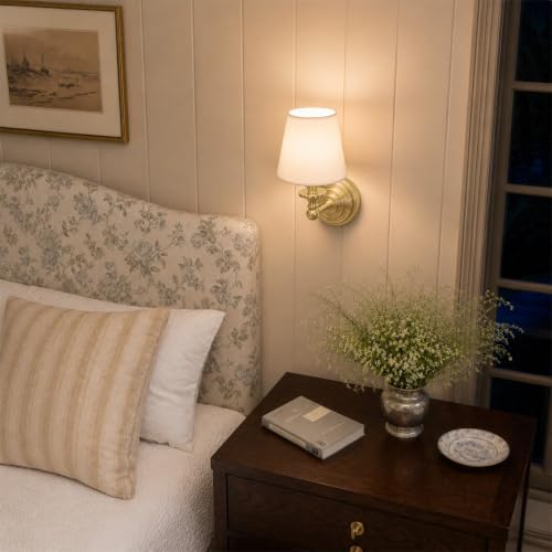Image of Antique Linen Shade Wall Sconce- Brass Finish Base and Conical Fabric Shade Wall Light Fixture for Bathroom, Bedroom, Dining Room and Entryway(6.5 inch D x 11.5 inch H Brass)