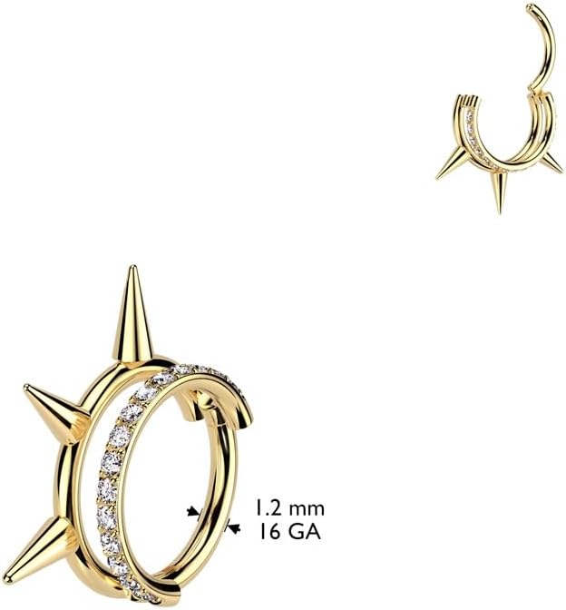 Pierced Owl 16GA ASTM F-136 Implant Grade Titanium CZ Crystal and Spikes Double Hoop Hinged Segment Clicker Ring